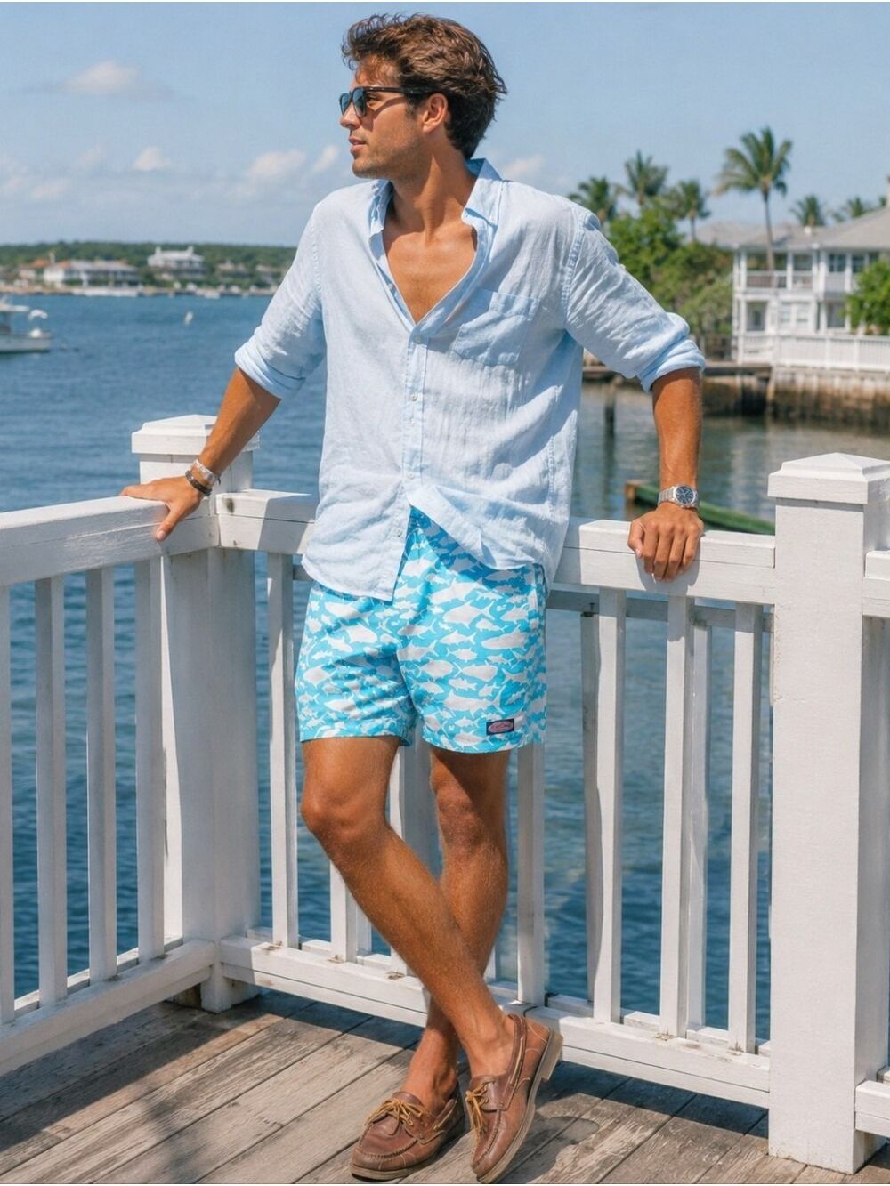 Vineyard Vines Men’s Shark Print Swim Trunks Large NWT Blue White Beach Shorts